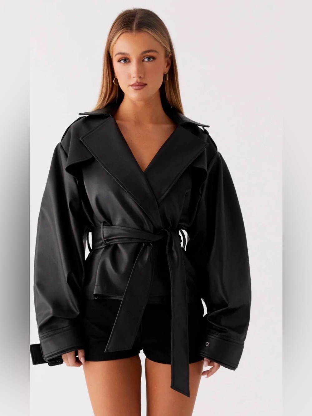 Black leather crop trench
